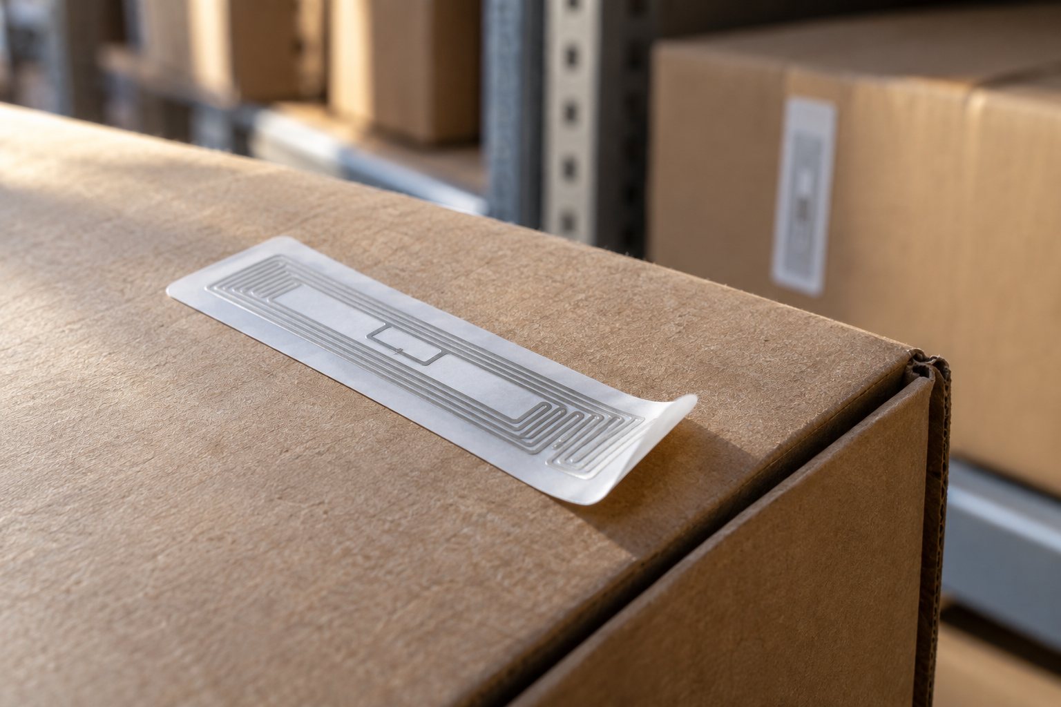 Detalhe de uma etiqueta RFID aplicada a uma caixa de estoque